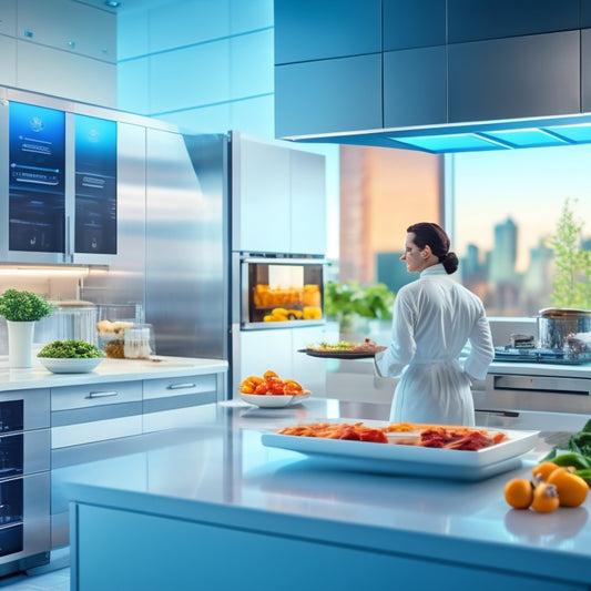 A futuristic kitchen with a tablet displaying a digital checklist on a stainless steel counter, surrounded by sleek appliances, fresh produce, and a chef in a white coat, with a subtle cityscape background.