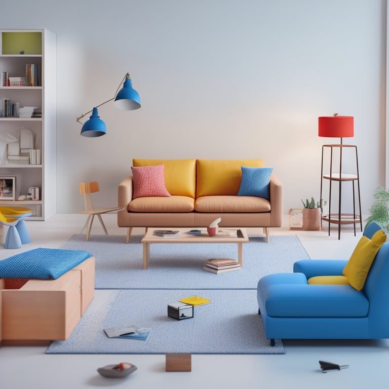 A minimalist, modern living room scene with a partially assembled 3D furniture kit in the center, surrounded by scattered instruction manuals, tools, and colorful, modular pieces.