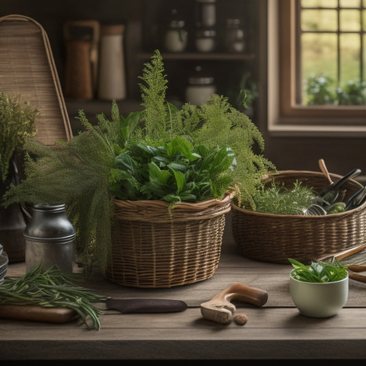 A rustic wooden kitchen counter with a few fresh herbs like basil, rosemary, and thyme placed in a woven wicker basket, surrounded by culinary utensils and a few sprigs of greenery.