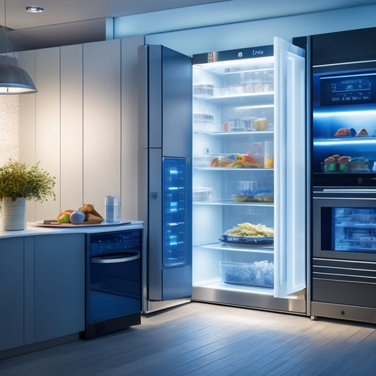A futuristic kitchen with a sleek, stainless steel refrigerator displaying a transparent door, showcasing a perfectly organized interior with expiration date-labeled containers and a holographic 'food calendar' hovering above the counter.