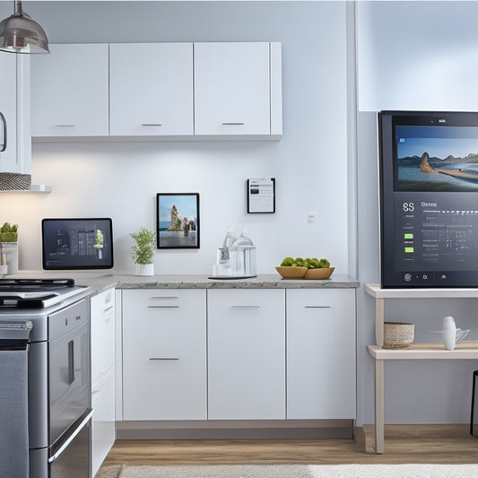 A tidy kitchen with a tablet on the counter displaying a digital calendar, a smart fridge with a touchscreen in the background, and a few sleek, minimalist storage bins and baskets on the shelves.