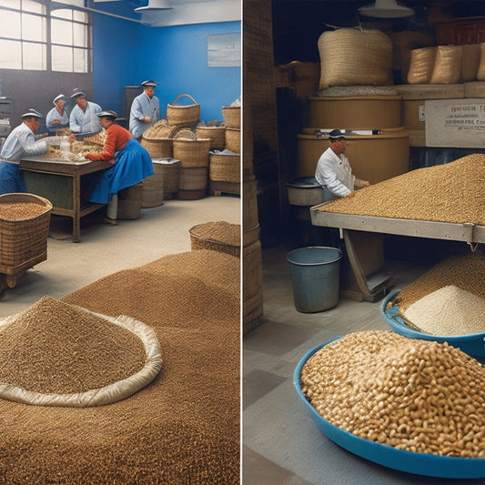 A split-screen image featuring a bustling grain market on one side, with colorful sacks and baskets overflowing with various grains, and a sterile laboratory on the other, with scientists in lab coats examining grain samples under microscopes.