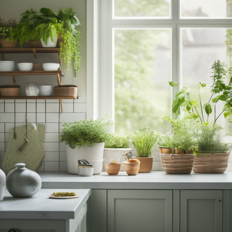 A serene kitchen with a minimalist aesthetic, featuring a utensil organizer on the wall, a small herb garden on the windowsill, and a few strategically-placed baskets and containers.