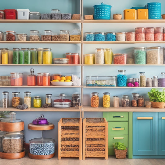 A beautifully organized kitchen cabinet showcasing labeled containers, tiered spice racks, and pull-out shelves filled with colorful utensils, pots, and pantry items, bathed in warm, natural light highlighting the neat arrangement.