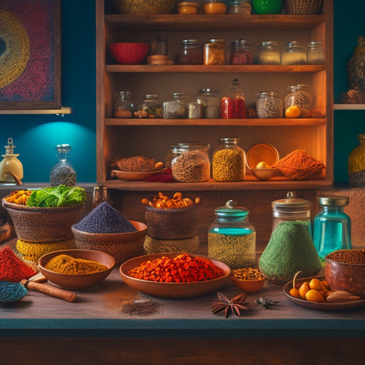 A split scene showcasing a vibrant Lazy Susan with colorful spices and jars on one side, and a classic wooden cabinet with neatly arranged dishes and utensils on the other, illuminated by warm, inviting lighting.