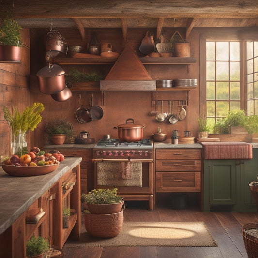 A rustic kitchen with a wooden ceiling pot rack filled with gleaming copper pots and pans, elegantly displaying hanging utensils, herbs, and colorful kitchen tools, bathed in warm, inviting natural light.