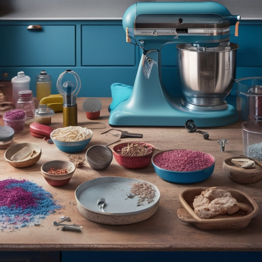 A cluttered kitchen countertop with a worn, opened Kitchenaid appliance manual, surrounded by scattered tools, screws, and a partially disassembled mixer, with a faint kitchen background.