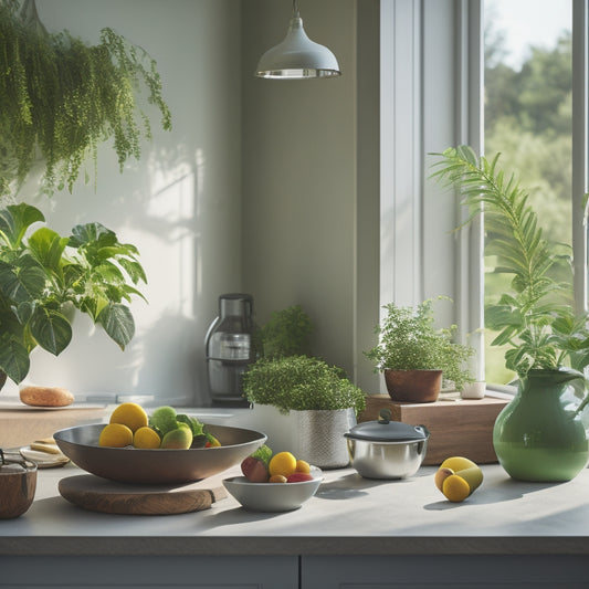 A serene kitchen with a few, carefully placed, whole fruits on a wooden countertop, surrounded by minimalist cookware and a small, lush green plant on a sunny windowsill.