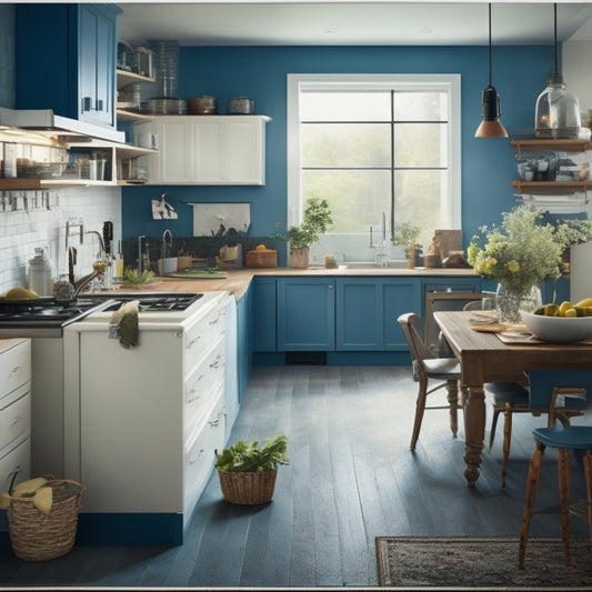 A messy kitchen with cluttered countertops, broken appliances, and worn-out flooring is transformed into a sleek, modern space with IKEA furniture, ample storage, and a large island.