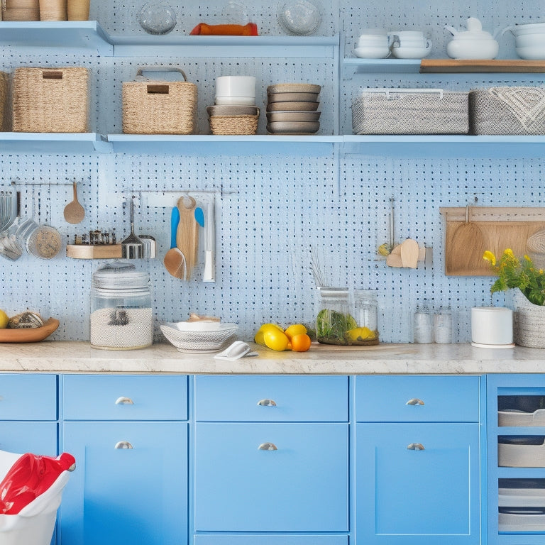 A bright, organized kitchen with a mix of open shelving, cabinets, and creative storage solutions, including a pegboard, baskets, and a utensil organizer attached to the side of a cabinet.