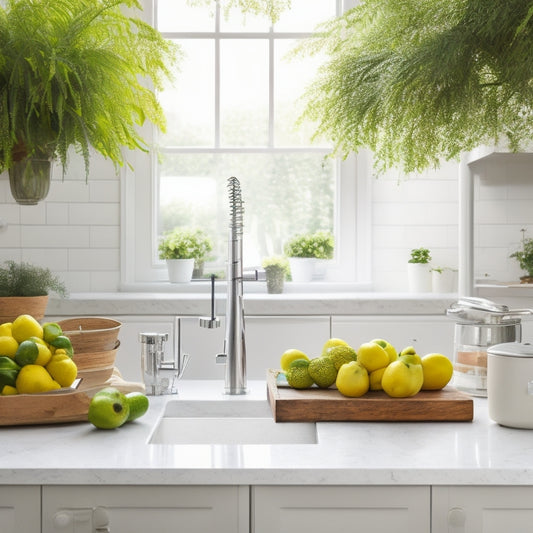 A bright and airy kitchen with gleaming white countertops, a spotless sink, and a stainless steel faucet, surrounded by lush greenery and a few strategically placed lemons.