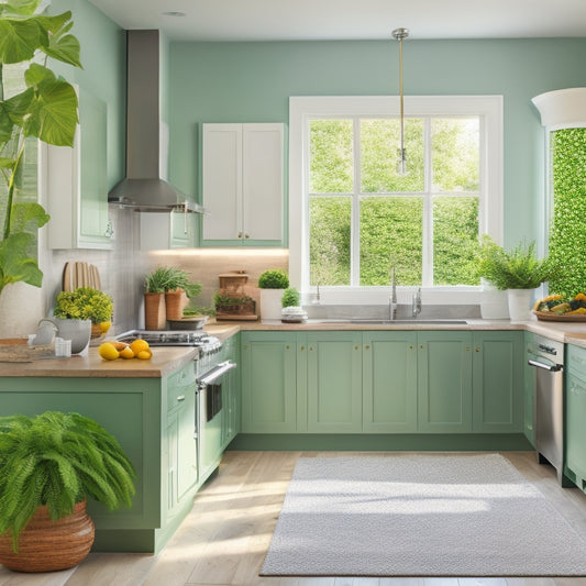 A bright, airy kitchen with natural light pouring in, featuring a large island with a built-in planter, surrounded by sleek, eco-friendly appliances and a vibrant, lush green wall.