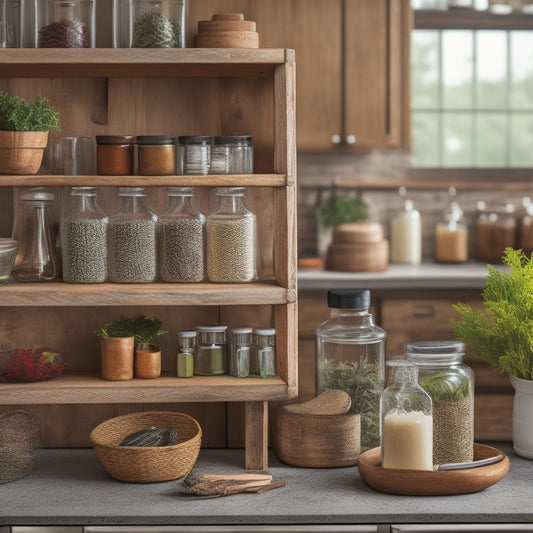 A clutter-free kitchen counter with labeled glass spice jars on a rustic wooden rack, surrounded by neatly arranged oil bottles, a wooden spoon, and a woven basket filled with fresh herbs.
