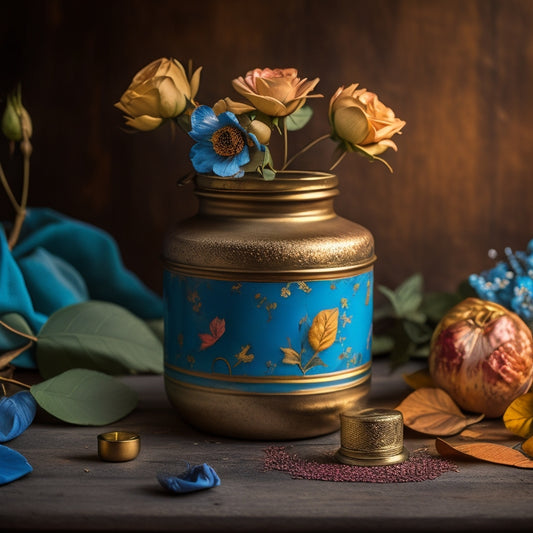 A warm, golden-lit still life featuring a distressed, pale blue vintage storage jar adorned with a delicate, hand-painted autumn rose motif, surrounded by scattered rose petals and fallen leaves.