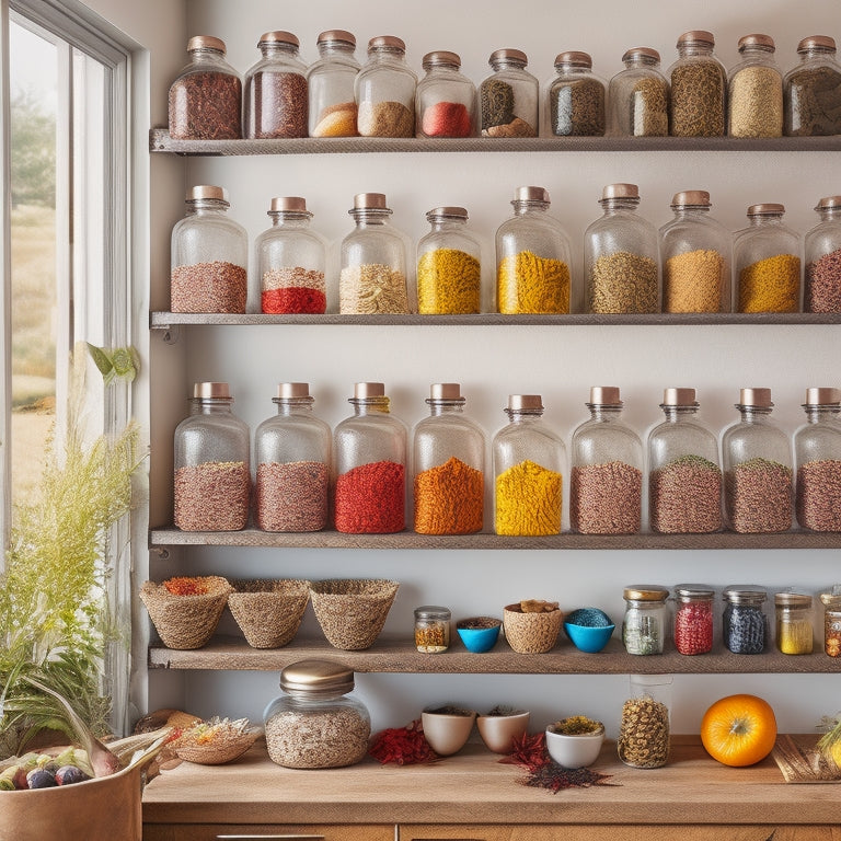 A beautifully organized kitchen featuring tiered racks displaying an array of colorful spices, neatly arranged jars, vibrant fruits, and fresh herbs, all bathed in warm, natural light, highlighting the textures and colors.