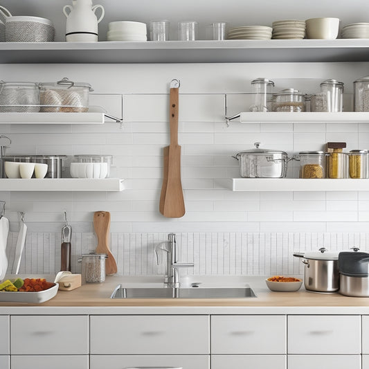 A modern kitchen with sleek, white cabinets, featuring a pull-out cookware organizer with a stainless steel 10-piece cookset, and a utensil divider with a chef's hat and a few scattered spices.