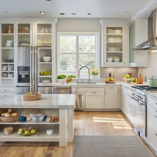 A bright, modern kitchen with sleek, white cabinets, a large island, and stainless steel appliances, featuring organized utensils, cookbooks, and decorative items on open shelves and in labeled drawers.