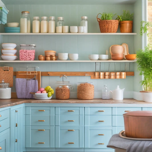 A bright, modern kitchen with sleek white cabinets, warm wood countertops, and a few open shelves, featuring a variety of stylishly labeled jars, baskets, and containers in soft pastel hues.
