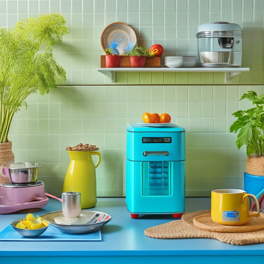 A clutter-free kitchen countertop with a miniature refrigerator, a compact toaster oven, a stack of colorful ceramic bowls, a set of stainless steel utensils, and a small potted herb plant.
