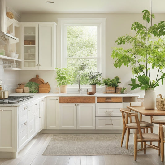 A serene, natural-light-filled kitchen with creamy white cabinets, light wood accents, and a few, carefully-curated appliances, featuring a single, blooming green plant on a minimalist island.