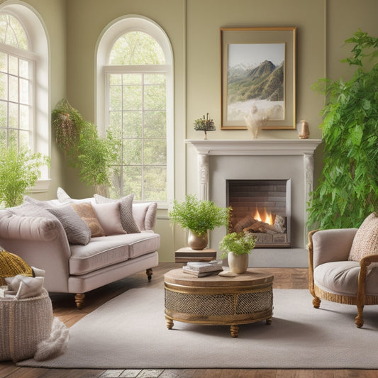 A serene living room with a plush couch, soft pastel walls, and a crackling fireplace, surrounded by lush greenery and warm golden lighting, conveying a sense of tranquility and protection.