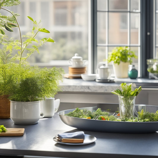 A sleek kitchen countertop featuring a modern dish drainer, adorned with neatly arranged plates, glasses, and utensils, surrounded by vibrant herbs in pots, natural light streaming through a window, emphasizing organized efficiency.