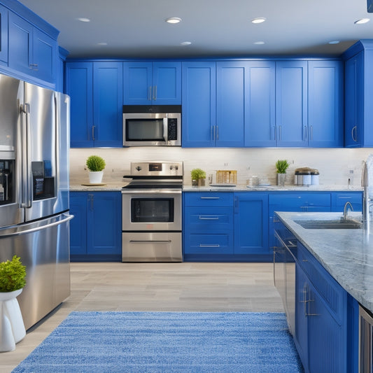 A modern kitchen with sleek cabinets, quartz countertops, and stainless steel appliances, surrounded by swirling blue lines and miniature furniture icons, indicating a digital design process.