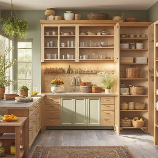 A spacious, sunlit kitchen featuring a stylish freestanding pantry unit, filled with organized jars, spices, and fresh produce. Warm wood tones, modern appliances, and a large dining table create a welcoming family atmosphere.
