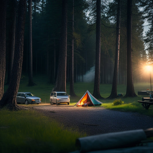 A serene forest landscape at dusk, with a parked car in the distance, surrounded by trees and a subtle campfire glow, with a few scattered camping gear and a tent in the foreground.