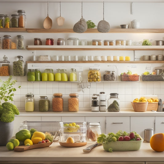 A organized kitchen with labeled jars, a whiteboard with checkboxes, a utensil organizer, and a calendar on the wall, surrounded by fresh fruits and vegetables, with a warm and inviting lighting.