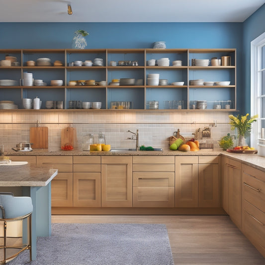 A sleek, modern kitchen with vertical shelving units, pull-out drawers under the counter, a compact island with built-in storage, and magnetic spice racks on the wall, all set in a cozy, bright atmosphere.