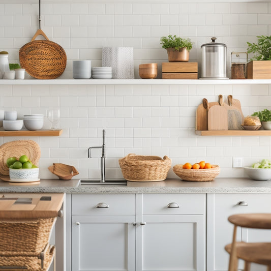 A bright, organized kitchen with white cabinets, wooden countertops, and a few strategically placed woven baskets, alongside a few sleek, space-saving shelves and a minimalist utensil holder.