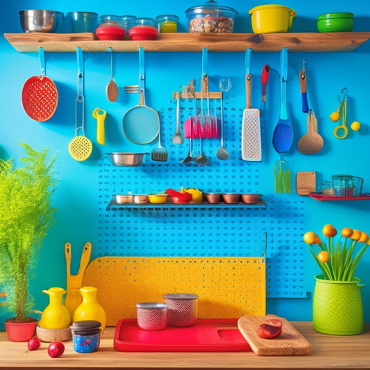 A vibrant kitchen scene featuring a pegboard wall, neatly organized with colorful kitchen utensils, pots, and pans. Include hooks, shelves, and storage bins, all in a bright, airy space with natural light filtering through a window.
