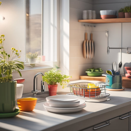 A sleek, modern expandable dish rack in a cozy student dorm kitchen, surrounded by colorful dishes, utensils, and a small potted plant, with sunlight streaming through a nearby window, creating a warm atmosphere.