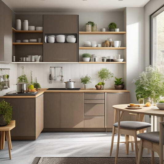 A sleek, modern compact kitchen featuring innovative storage solutions: pull-out cabinets, magnetic spice racks, wall-mounted pot organizers, and a foldable dining table, all bathed in warm, natural light with plants for a cozy touch.