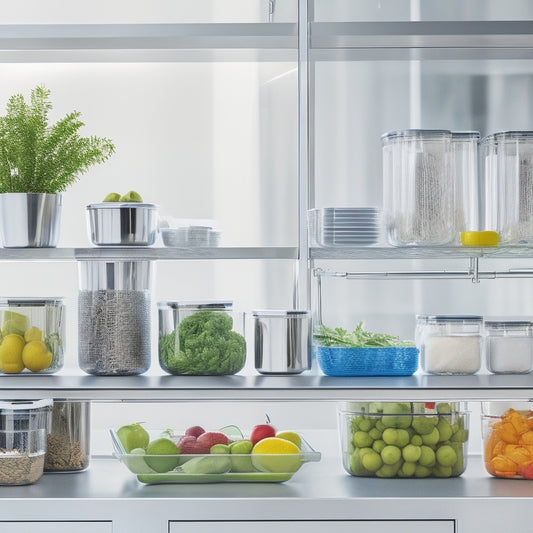 A bright, modern kitchen with stainless steel countertops, featuring a variety of transparent, airtight containers in different shapes and sizes, stacked and organized on a shelf, with fresh fruits and vegetables visible inside.