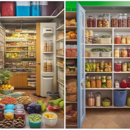 A split-screen image featuring a cluttered, expired pantry on the left, with open containers and moldy food, contrasted with a tidy, organized pantry on the right, with sealed containers and fresh produce.