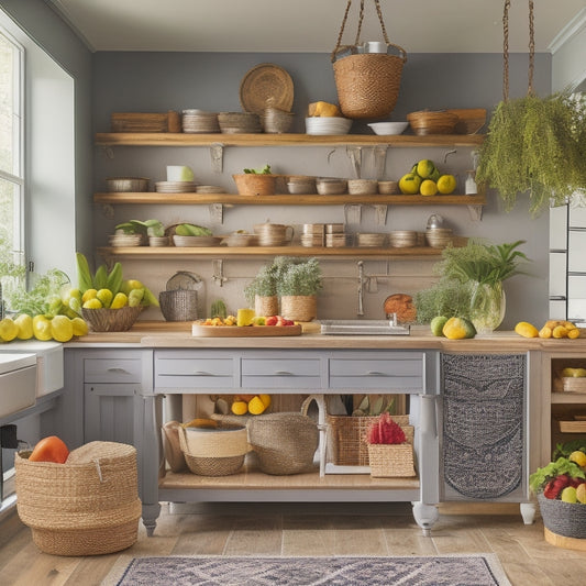 A stylish kitchen island featuring organized pull-out drawers, decorative baskets, and tiered shelves, surrounded by fresh fruits, cooking utensils, and vibrant potted herbs, all set against a warm, inviting kitchen backdrop.