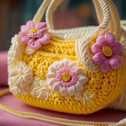 A colorful, close-up image of a crochet flower bag, with pastel pink and yellow petals, surrounded by soft, white yarn, and adorned with delicate, sparkling beads.