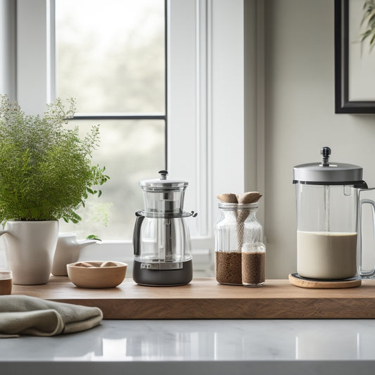 A serene minimalist kitchen countertop showcasing neatly arranged glass jars, a potted herb plant, wooden cutting boards, and a sleek, modern coffee maker, all set against a soft, neutral-toned backdrop.