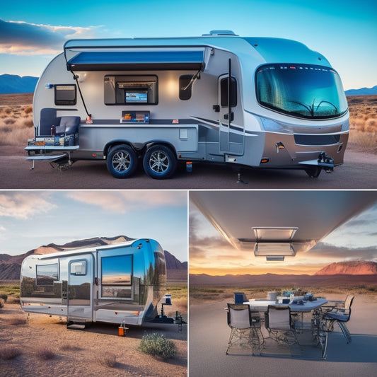 A sleek, silver RV or trailer with a futuristic, high-tech workstation unfolding from its side, featuring a large, glowing touchscreen display and a compact, organized storage system for blueprints.