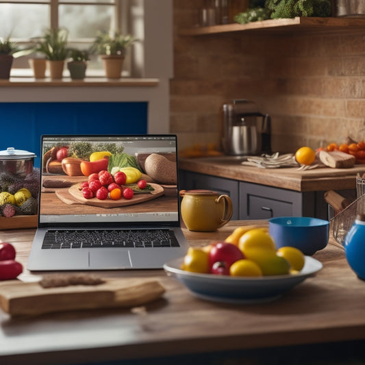 A colorful kitchen scene with a laptop open on a counter, surrounded by healthy groceries and a few empty shelves, with a faint grid of inventory templates visible on the laptop screen.