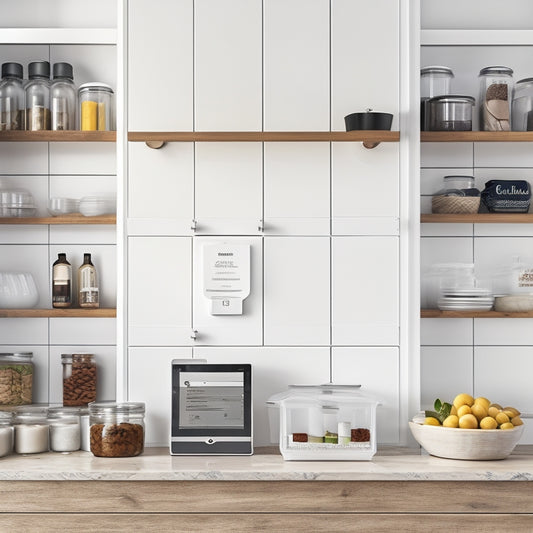 An illustration of a tidy kitchen with a minimalist pantry in the background, featuring a tablet on the counter displaying a digital pantry inventory list, alongside a few organized shelves with labeled jars and baskets.