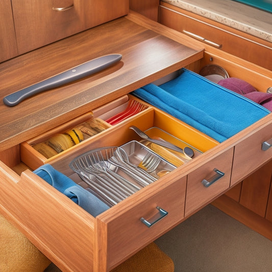 A clutter-free kitchen drawer with custom dividers, a utensil organizer, and a tiered storage system, featuring a mix of metallic and wooden accents, with a soft, warm lighting effect.