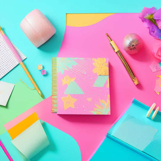 A vibrant, pastel-colored background with scattered, colorful paper scraps, washi tape, and confetti, surrounded by stylish notebooks, pens, and a few partially designed printables with floral patterns.