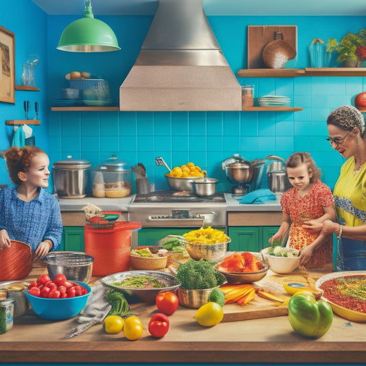A vibrant, colorful illustration of a bustling kitchen, with a busy mom in the background, surrounded by utensils, ingredients, and mouthwatering dishes, emphasizing freshness and creativity.
