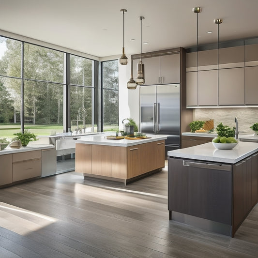A warm, modern kitchen with high-gloss cabinets, sleek quartz countertops, stainless steel appliances, and a large island with a built-in cooktop, surrounded by natural light pouring in through floor-to-ceiling windows.