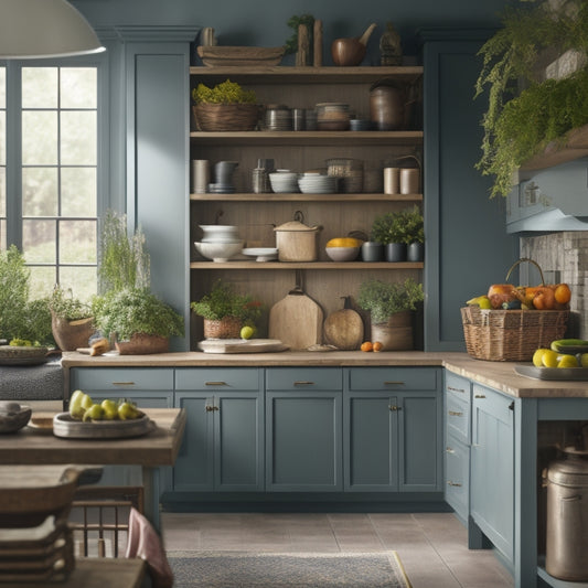 A beautifully organized kitchen island with open shelves, cabinets, and drawers, featuring a mix of cookbooks, kitchen utensils, and appliances, with a few decorative vases and greenery.