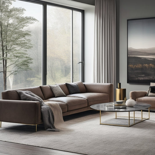 A sleek, modern living room with a dark hardwood floor, illuminated by floor-to-ceiling windows, featuring Oppein's luxurious sofa, coffee table, and armchair in a harmonious blend of neutral tones and rich textures.