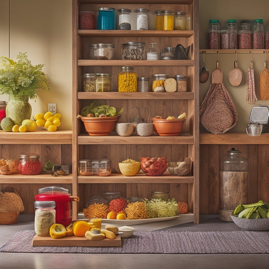 A stylish kitchen featuring a bright, wooden Lazy Susan cabinet filled with neatly arranged spices, jars of pasta, and colorful fruits. Soft lighting highlights the organized interior, creating a warm, inviting atmosphere.
